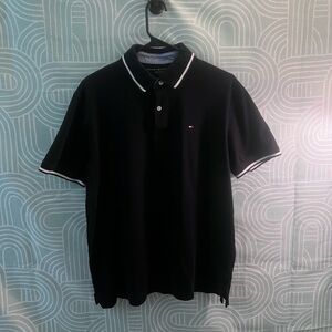 Tommy Hilfiger Black Polo Shirt White Trim Flag Logo Men’s Large